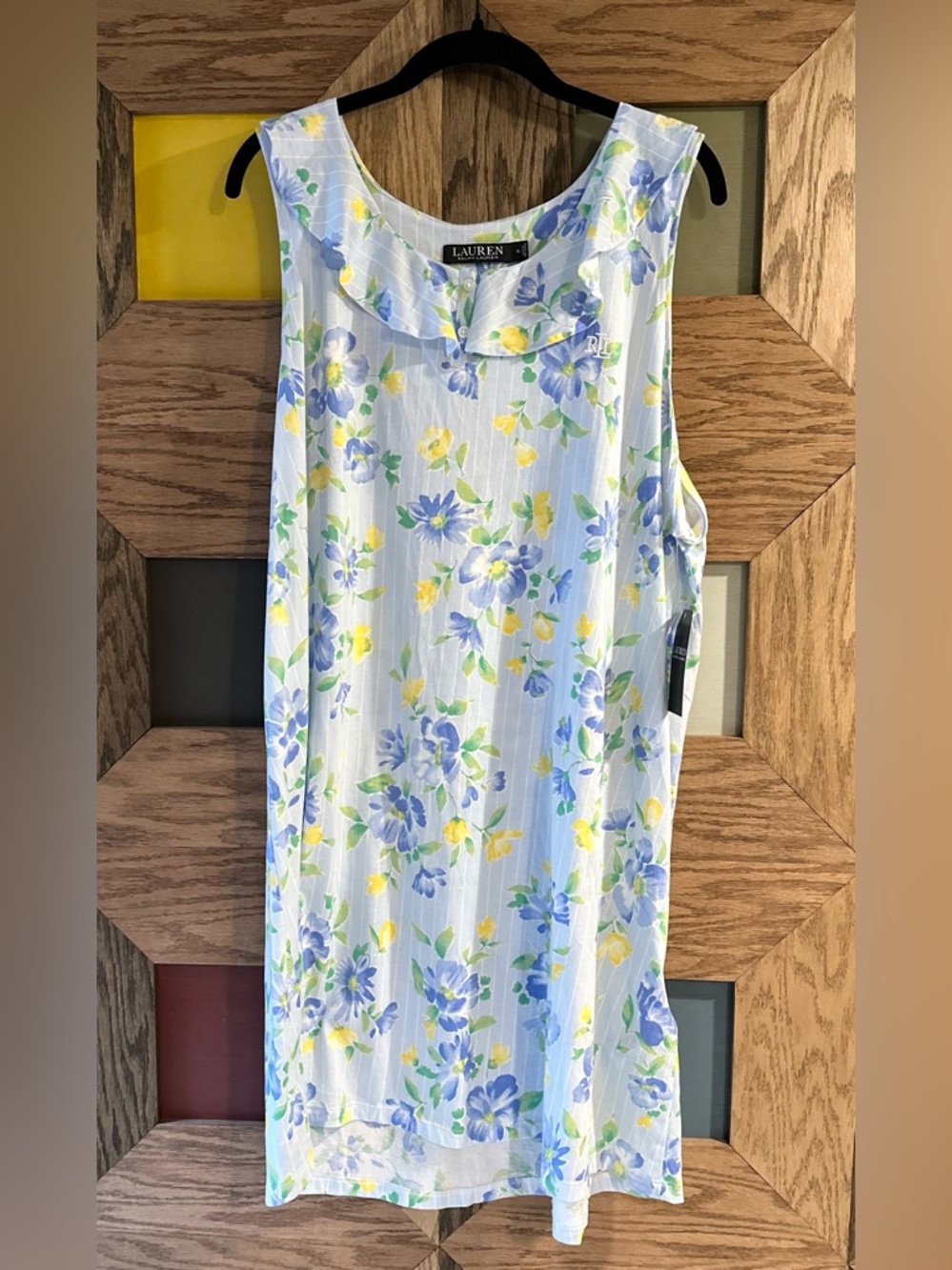 NWT Lauren Ralph Lauren Nightgown Blue Yellow Floral Sleeveless Pajamas Sz XL